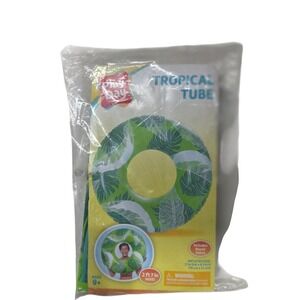 Play Day Tropical Tube Inflatable Pool Float Green Palm Leaf Design 31 Inch Wide